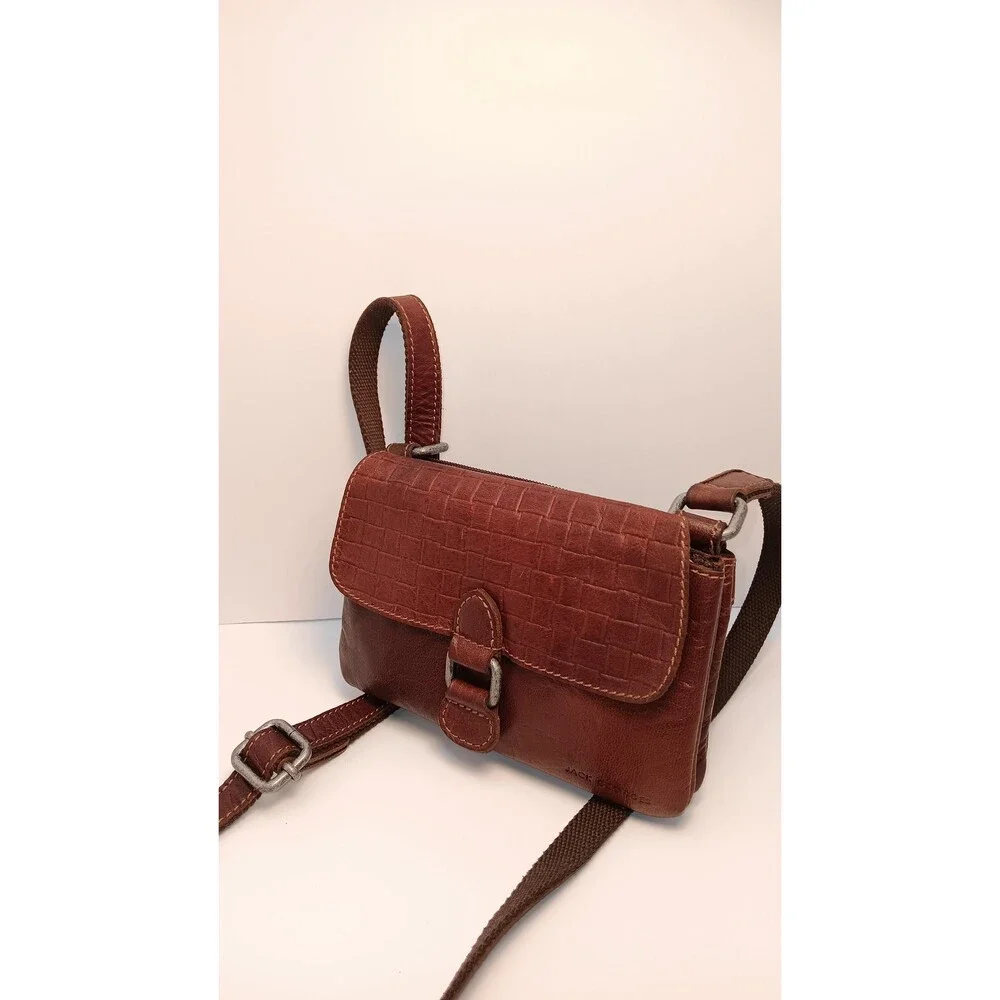 Vintage Jack Georges Brown Leather Crossbody Bag – Woven Embossed Flap Shoulder